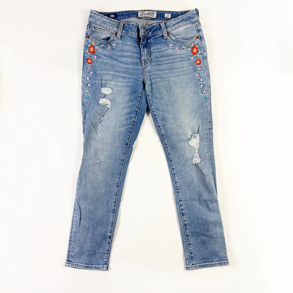 Lucky Brand boho embroidered floral jeans Lolita skinny denim size 4 / 27 ankle